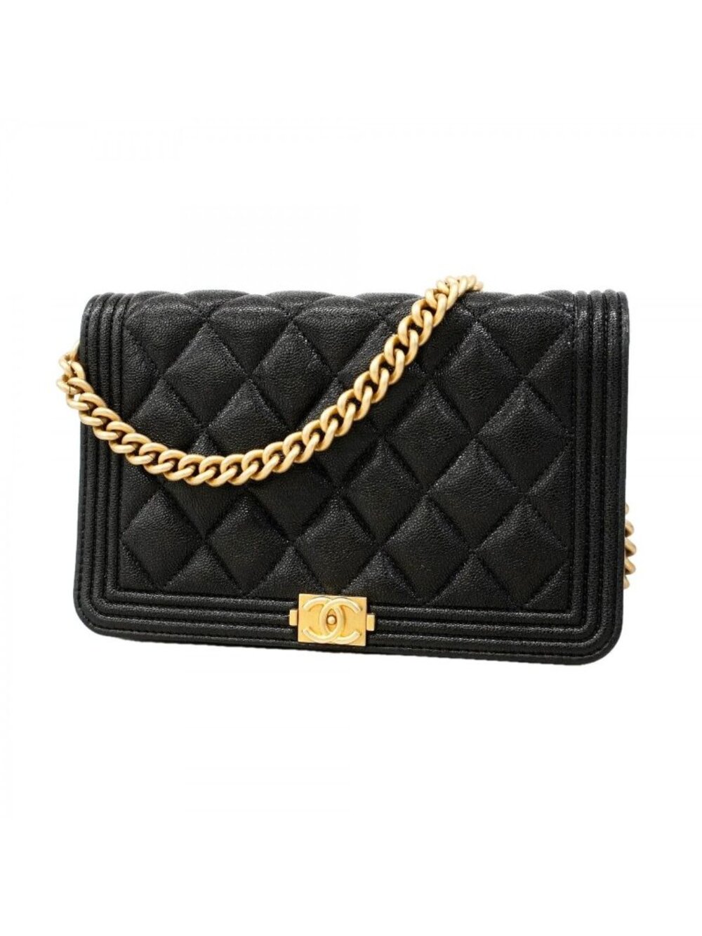Chanel Shoulder Wallet Boy Caviar Leather Black Gold